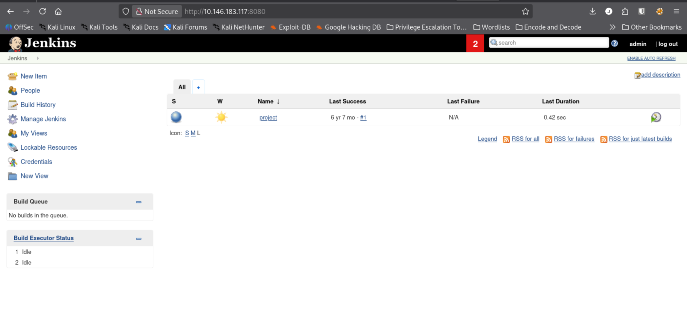 Jenkins dashboard after login with admin:admin